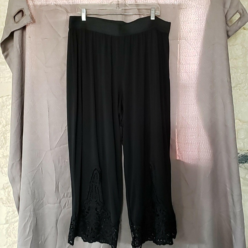Roaman's Pants Womens 22/24 Black Knit Crop Lace Hem Pull On Stretch Casual